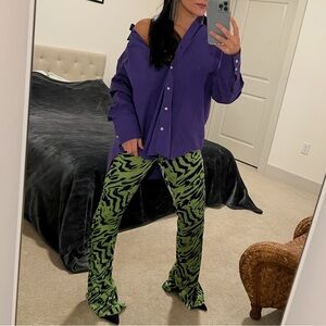 Zara Green and Black Patterned Flared Pants